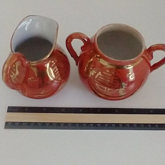 Ceramic Sugar Bowl & Creamer Rust/Gold Gilded Pottery Set Asian Oriental - Picture 6 of 10